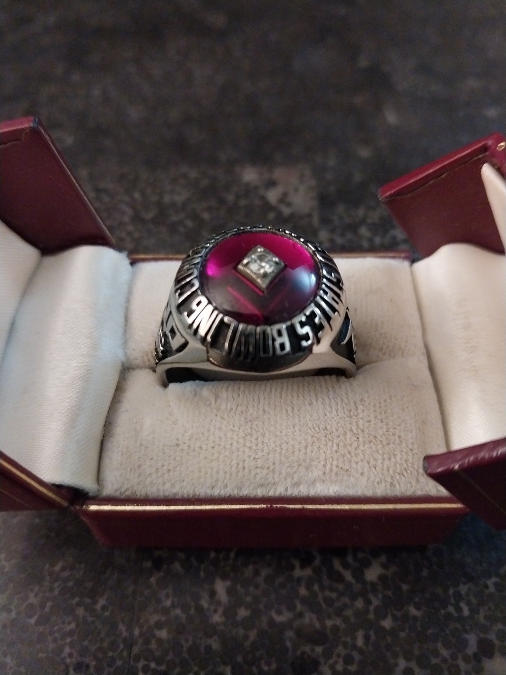 Vintage Men's Keepsake 300 Bowling -Silver Ring with Pink Center Diamond Accent